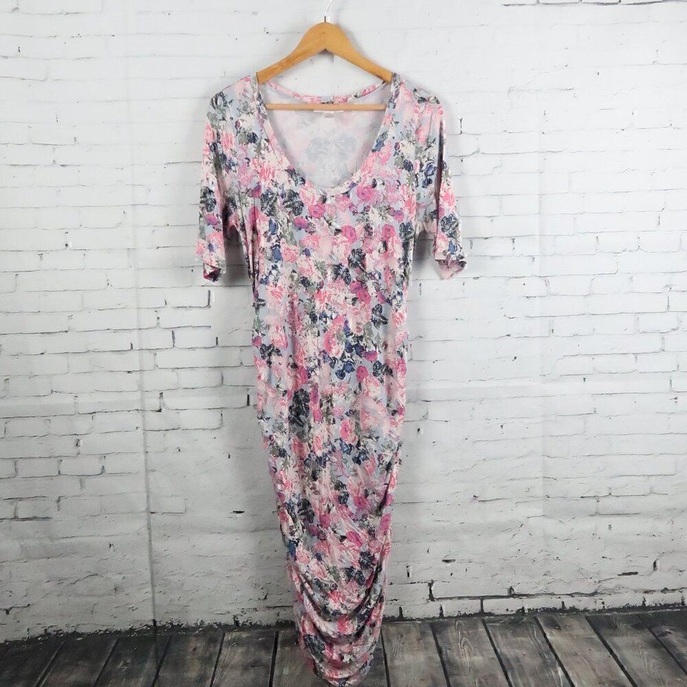 MOTHERHOOD MATERNITY PINK FLORAL SHORT SLEEVE SCOOP ROUND NECK MIDI DRESS SIZE L
